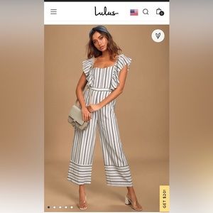 Lulu’s The Rising Tide Blue & White Striped Ruffled Wide-Leg Jumpsuit- Sz SMALL